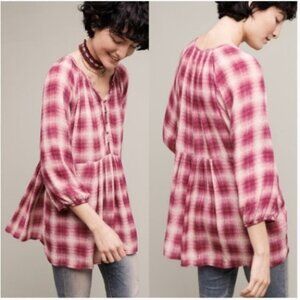 XS MAEVE ANTHROPOLOGIE PINK WHITE PLAID BLOUSE